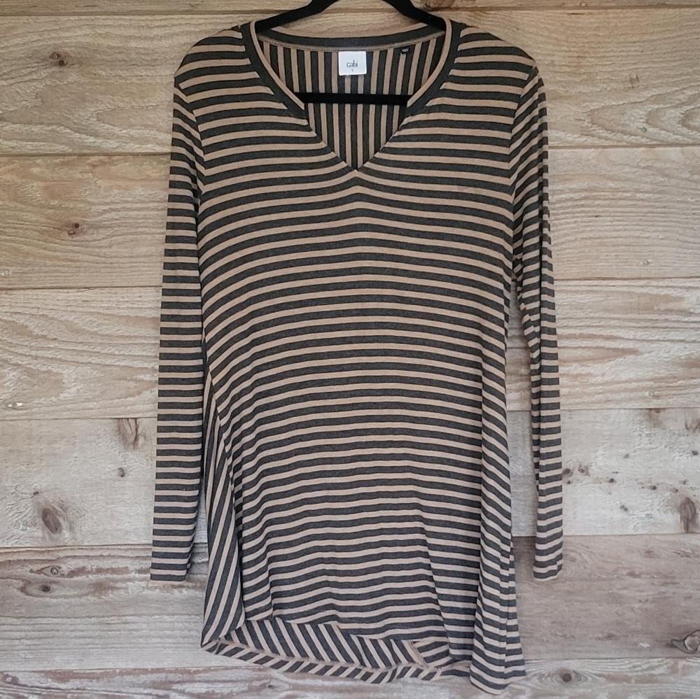 Cabi Tan Gray Stripe Asymmetrical Hem Tunic Tee Size Small